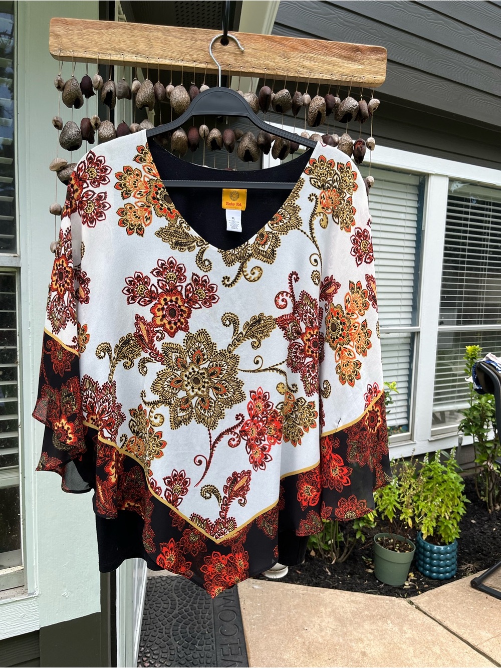Ruby Rd. White Floral Poncho Top with Red & Gold Accents
